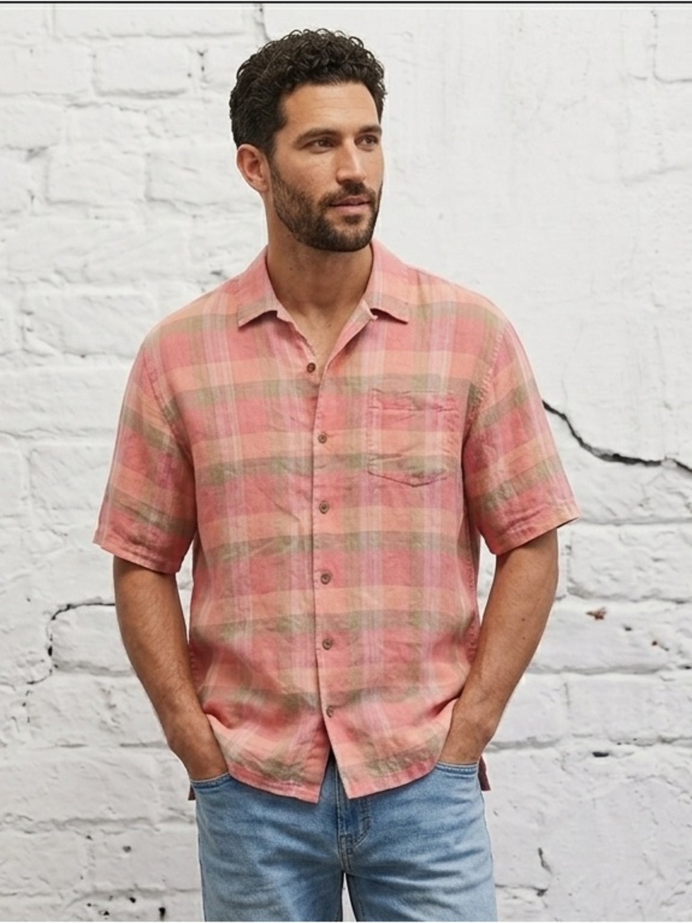 Tommy Bahama 100% Linen Button Down Pink Coral Sage‎ Green Plaid Vacation Shirt